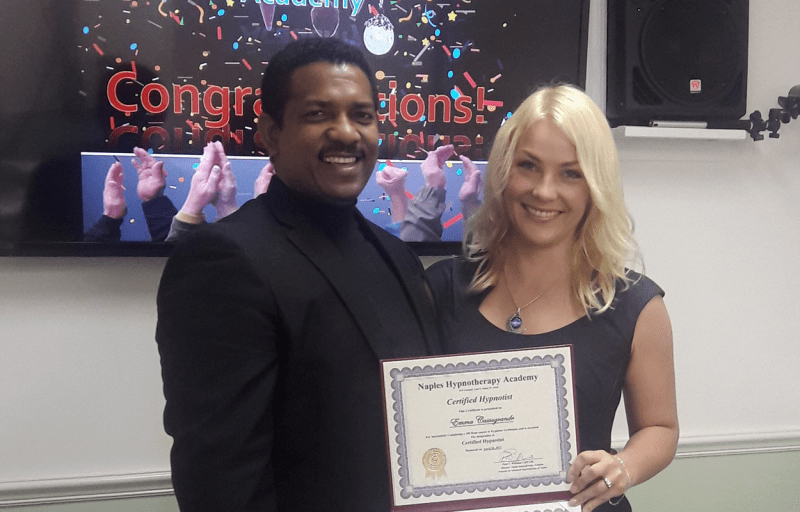 Naples Hypnotherapy Academy's Founder, Peter Williams, with Class of 2017 Certified Hypnotist and Hypnotherapy Graduate, Emma Casagrande