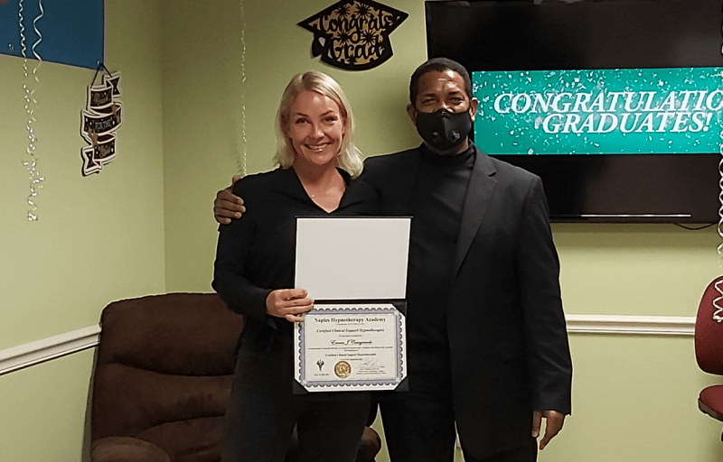 Naples Hypnotherapy Academy's Founder, Peter Williams, with Class of 2020 Certified Clinical Support Hypnotherapist Graduate, Emma Casagrande